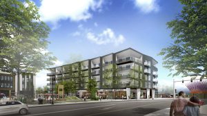 A conceptual rendering of the AVIVA building featuring modern multi-story residential units with spacious balconies, ground floor commercial spaces, and a lively public plaza. Pedestrians can be seen interacting in the plaza area, a car passes by, and there's a glimpse of public transit in the background. The scene is flanked by lush green trees under a blue sky.